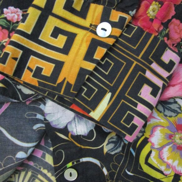 Vivid Floral Black Top Blouse Poly Keystone Bohemian - Picture 6 of 11